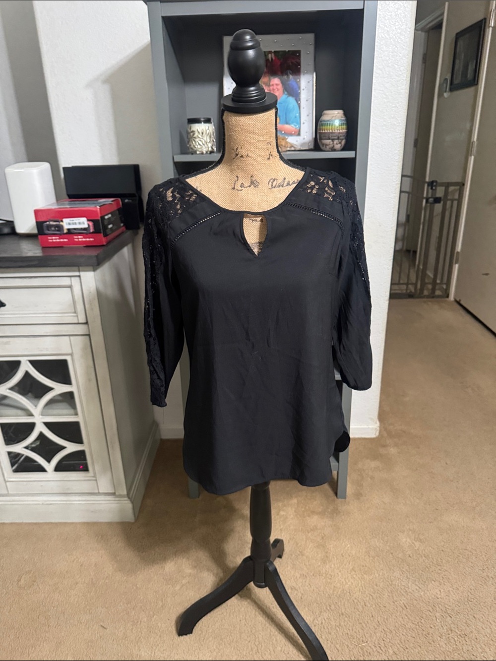 Express Black Lace-Shoulder Keyhole Blouse Size S